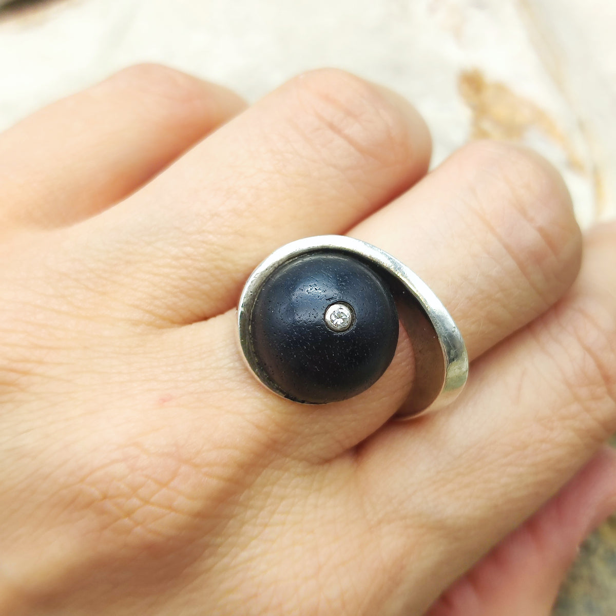 Modernist Sterling Silver Ring with Dark Wood and Diamond