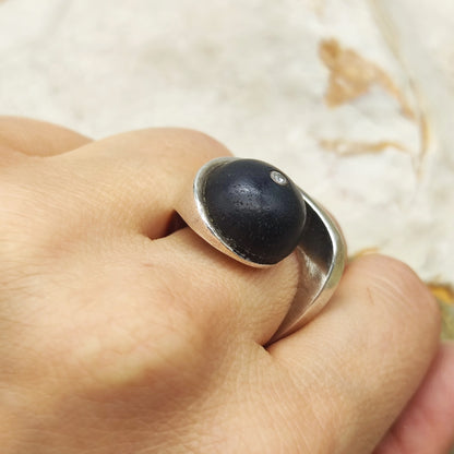 Modernist Sterling Silver Ring with Dark Wood and Diamond