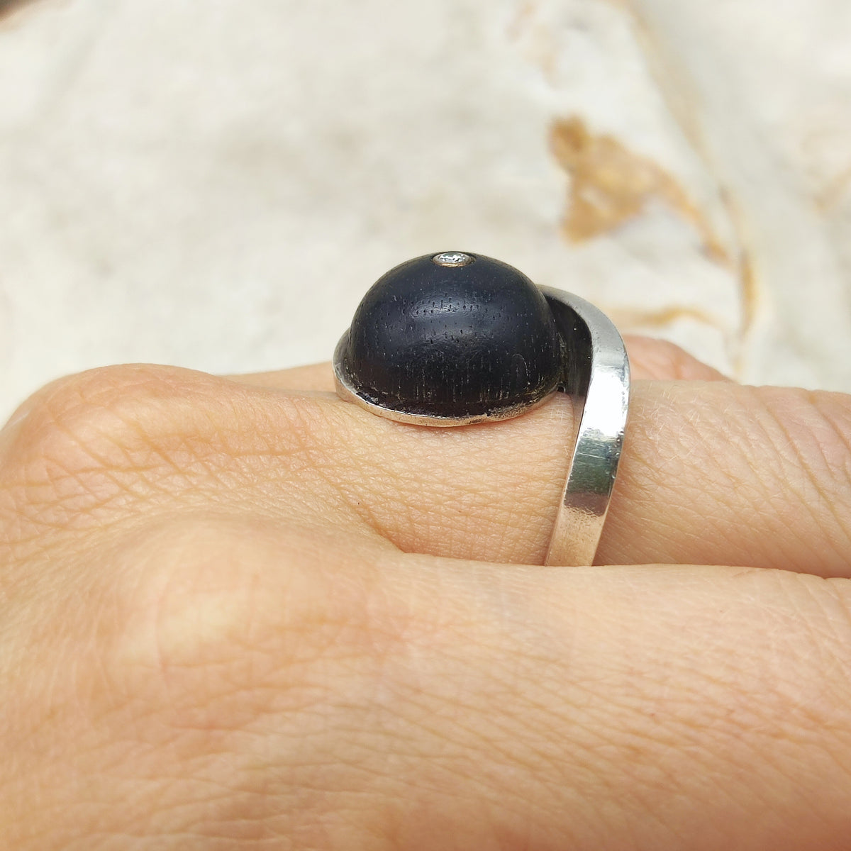 Modernist Sterling Silver Ring with Dark Wood and Diamond