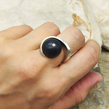 Modernist Sterling Silver Ring with Dark Wood and Diamond
