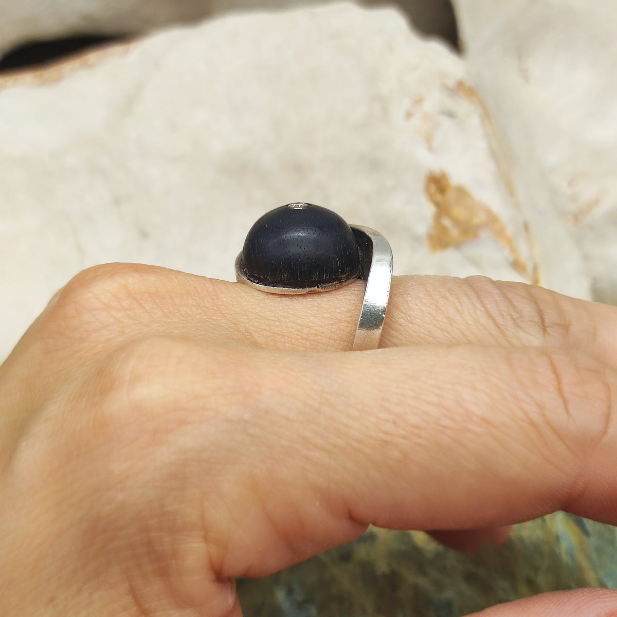 Modernist Sterling Silver Ring with Dark Wood and Diamond