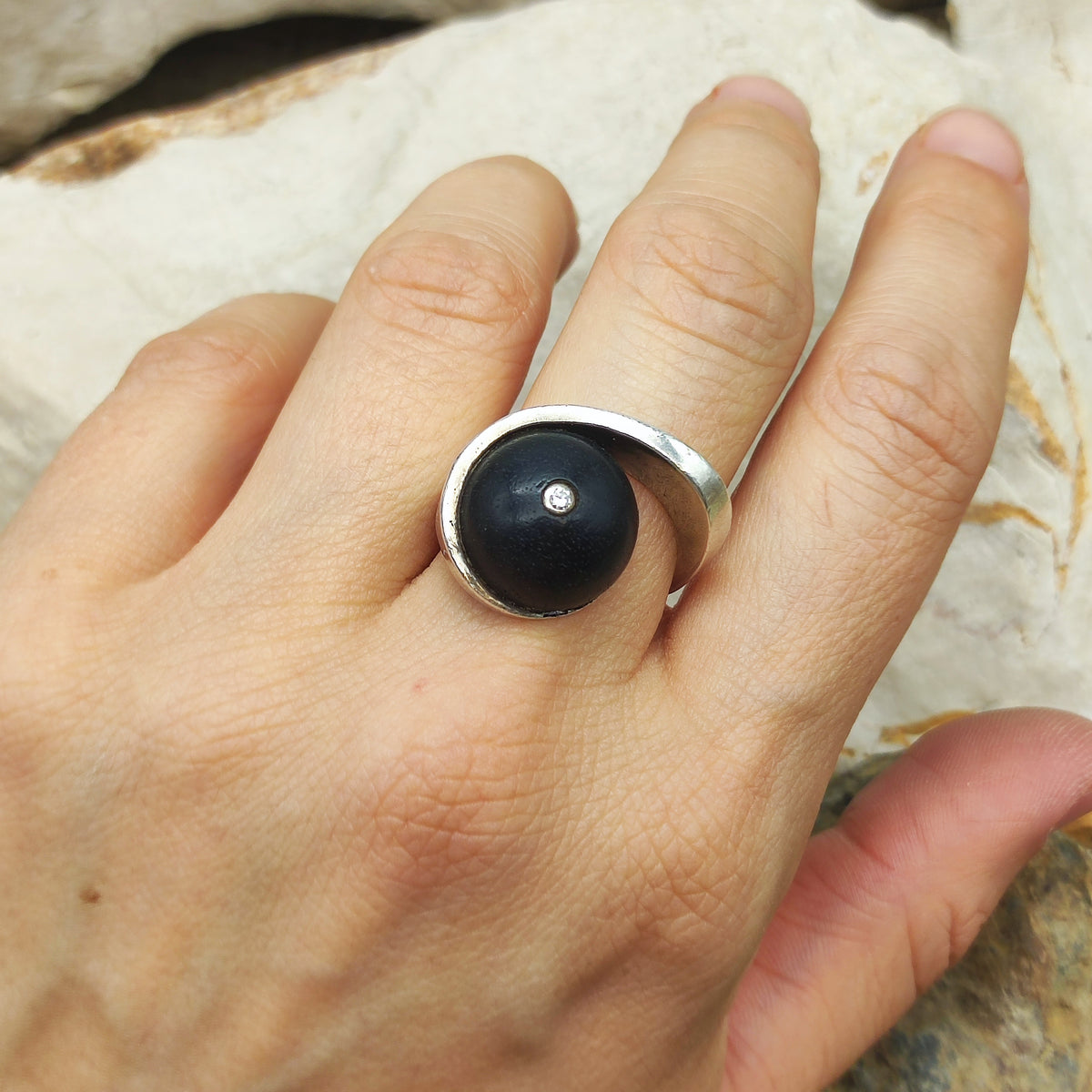 Modernist Sterling Silver Ring with Dark Wood and Diamond