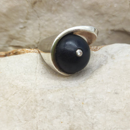 Modernist Sterling Silver Ring with Dark Wood and Diamond