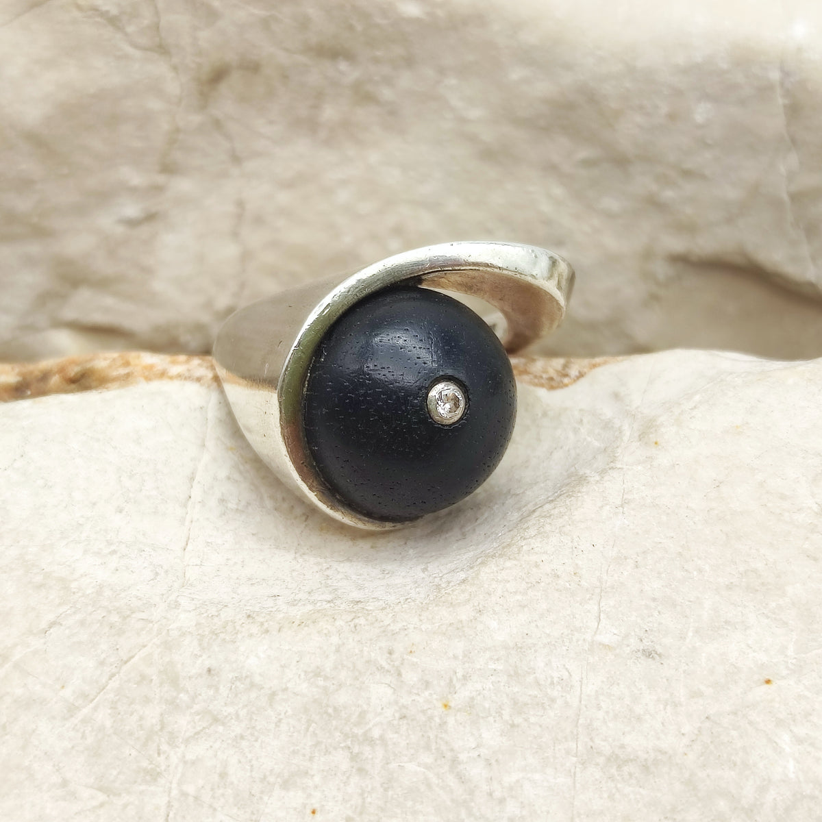 Modernist Sterling Silver Ring with Dark Wood and Diamond