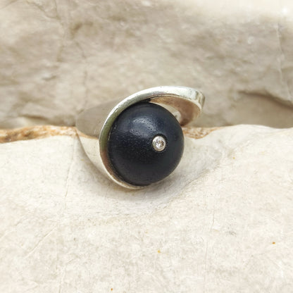 Modernist Sterling Silver Ring with Dark Wood and Diamond