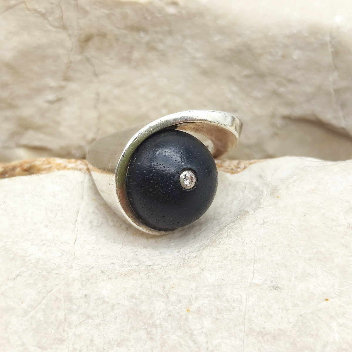 Modernist Sterling Silver Ring with Dark Wood and Diamond