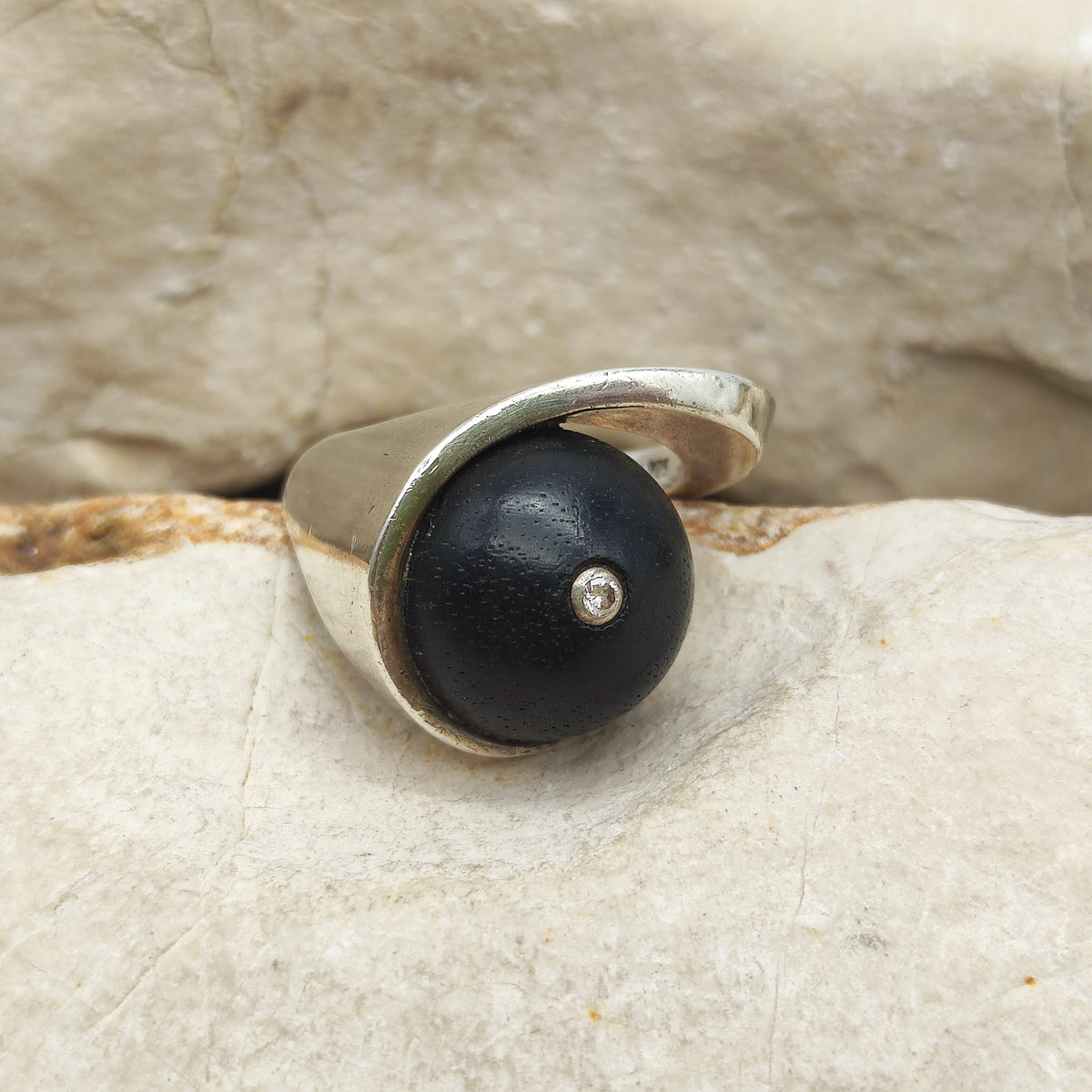 Modernist Sterling Silver Ring with Dark Wood and Diamond