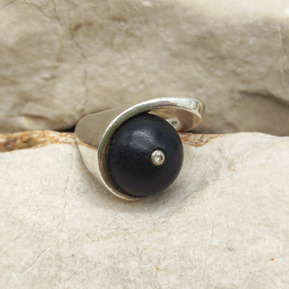 Modernist Sterling Silver Ring with Dark Wood and Diamond