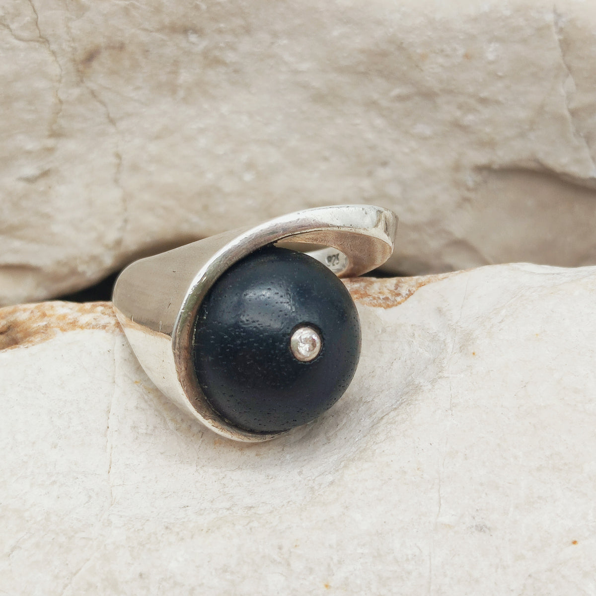 Modernist Sterling Silver Ring with Dark Wood and Diamond