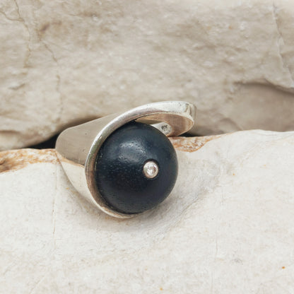 Modernist Sterling Silver Ring with Dark Wood and Diamond