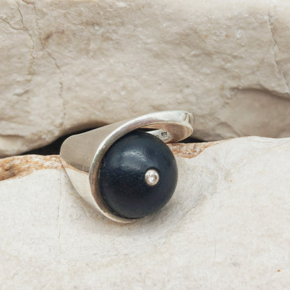 Modernist Sterling Silver Ring with Dark Wood and Diamond