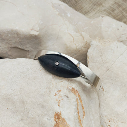 Vintage Modernist Sterling Silver Hinged Bangle with Dark Wood and Diamond