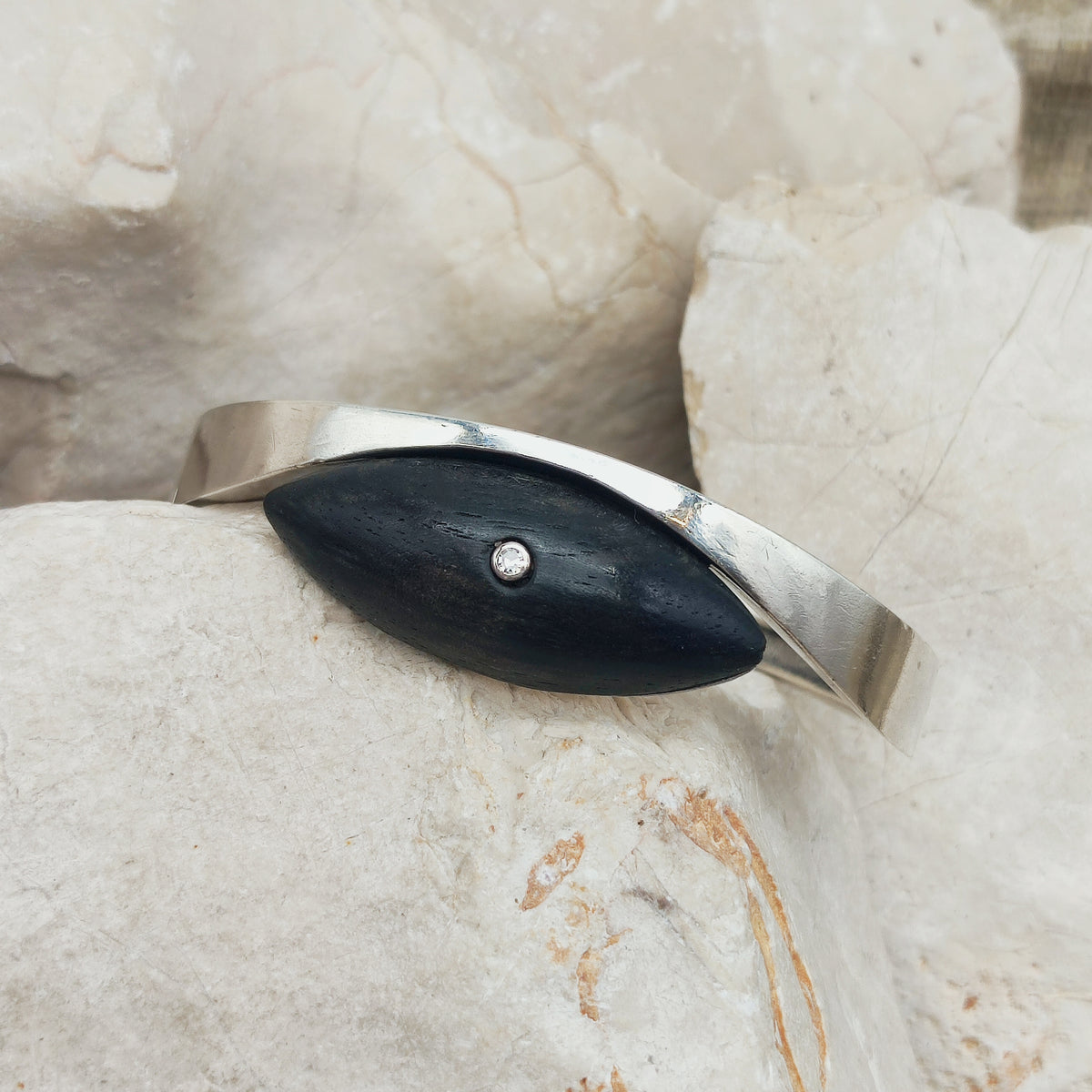Vintage Modernist Sterling Silver Hinged Bangle with Dark Wood and Diamond