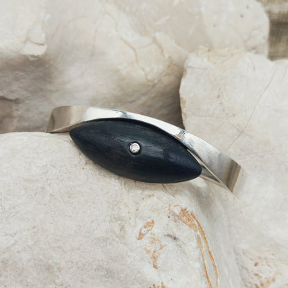 Vintage Modernist Sterling Silver Hinged Bangle with Dark Wood and Diamond
