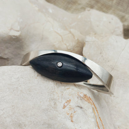 Vintage Modernist Sterling Silver Hinged Bangle with Dark Wood and Diamond