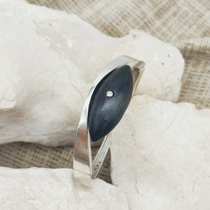 Vintage Modernist Sterling Silver Hinged Bangle with Dark Wood and Diamond