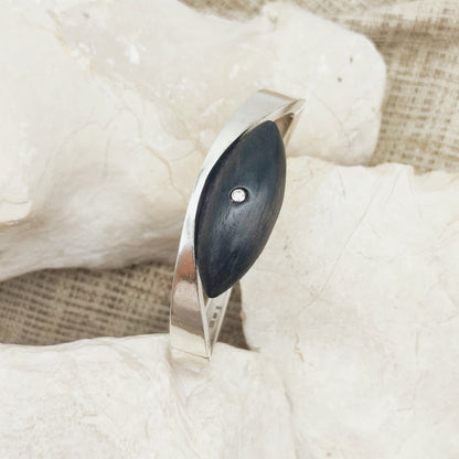 Vintage Modernist Sterling Silver Hinged Bangle with Dark Wood and Diamond