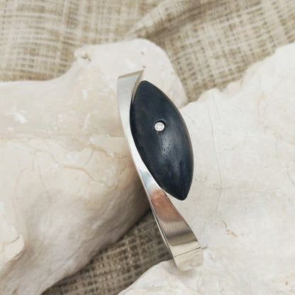 Vintage Modernist Sterling Silver Hinged Bangle with Dark Wood and Diamond