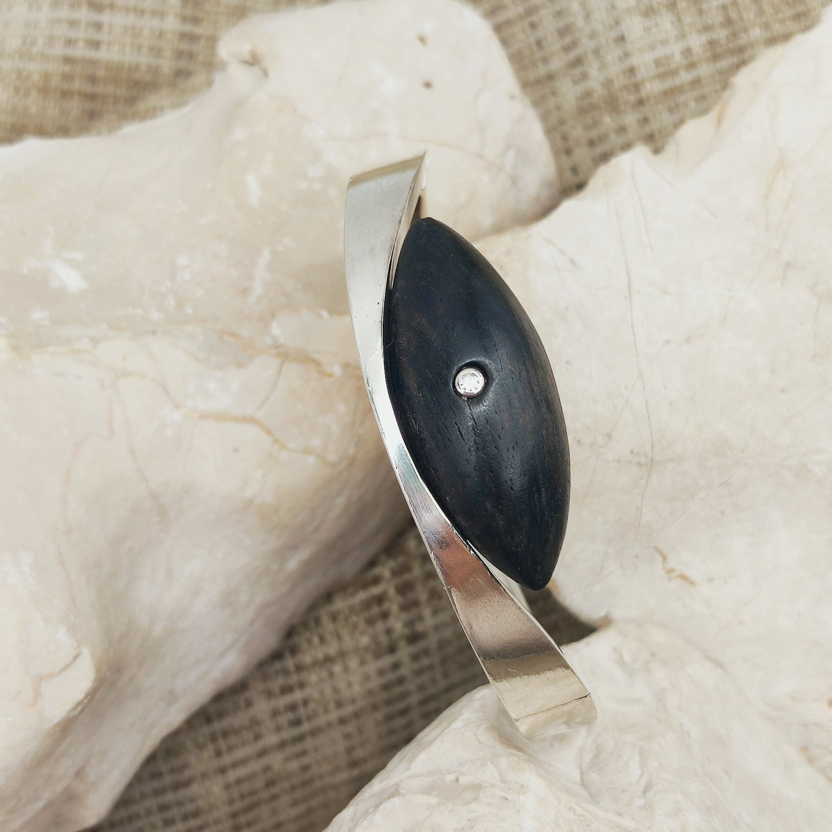 Vintage Modernist Sterling Silver Hinged Bangle with Dark Wood and Diamond