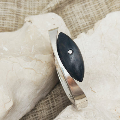 Vintage Modernist Sterling Silver Hinged Bangle with Dark Wood and Diamond