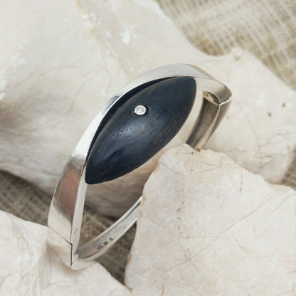 Vintage Modernist Sterling Silver Hinged Bangle with Dark Wood and Diamond