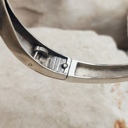 Vintage Modernist Sterling Silver Hinged Bangle with Dark Wood and Diamond