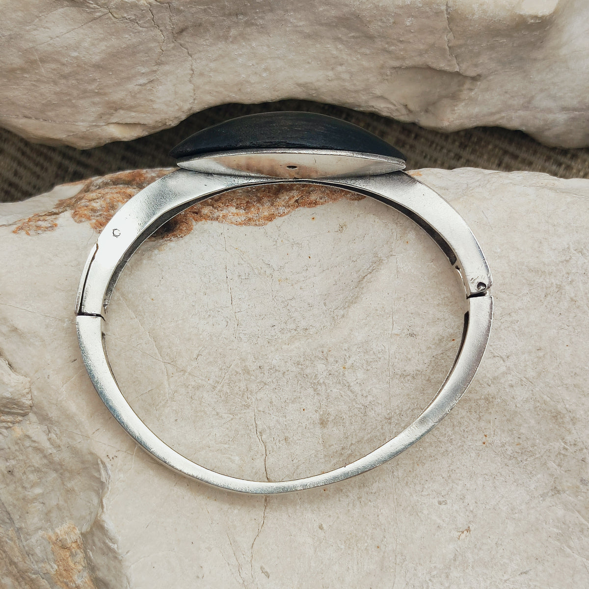 Vintage Modernist Sterling Silver Hinged Bangle with Dark Wood and Diamond