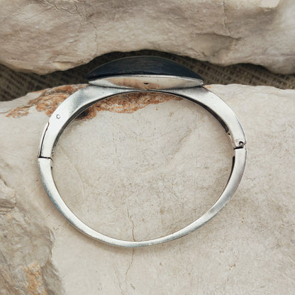 Vintage Modernist Sterling Silver Hinged Bangle with Dark Wood and Diamond