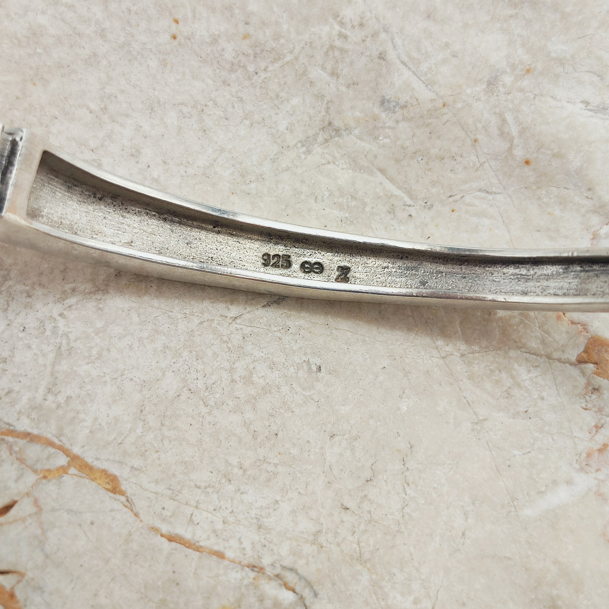 Vintage Modernist Sterling Silver Hinged Bangle with Dark Wood and Diamond