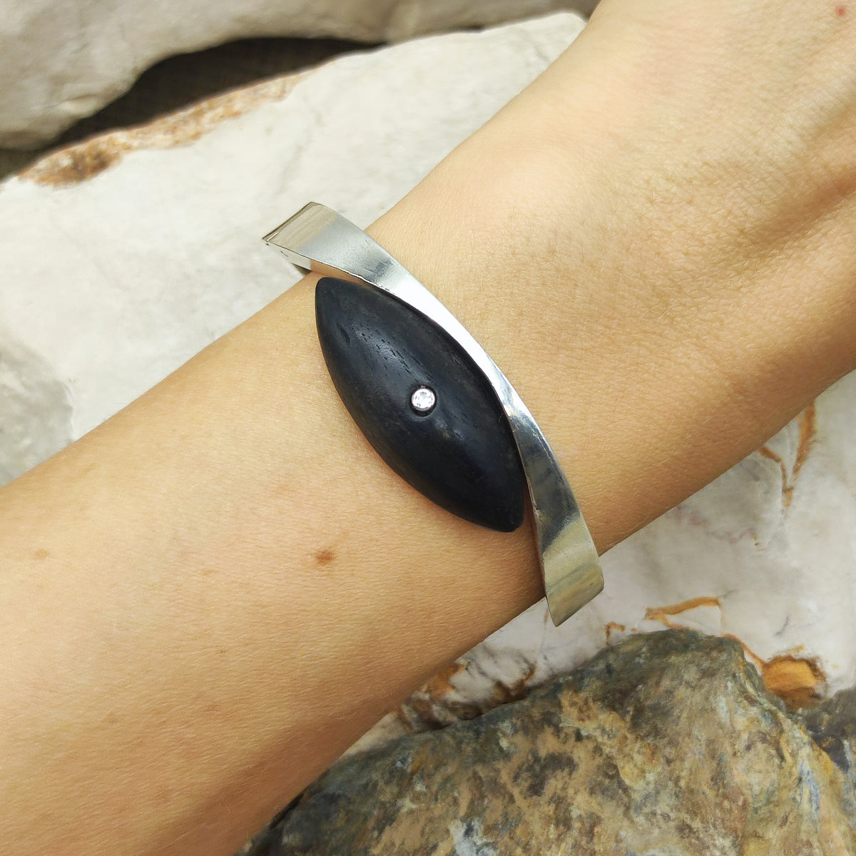 Vintage Modernist Sterling Silver Hinged Bangle with Dark Wood and Diamond