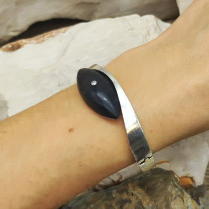 Vintage Modernist Sterling Silver Hinged Bangle with Dark Wood and Diamond