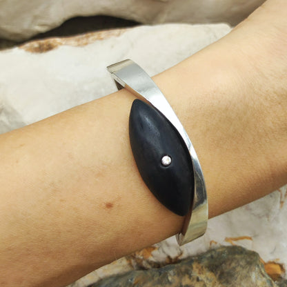 Vintage Modernist Sterling Silver Hinged Bangle with Dark Wood and Diamond