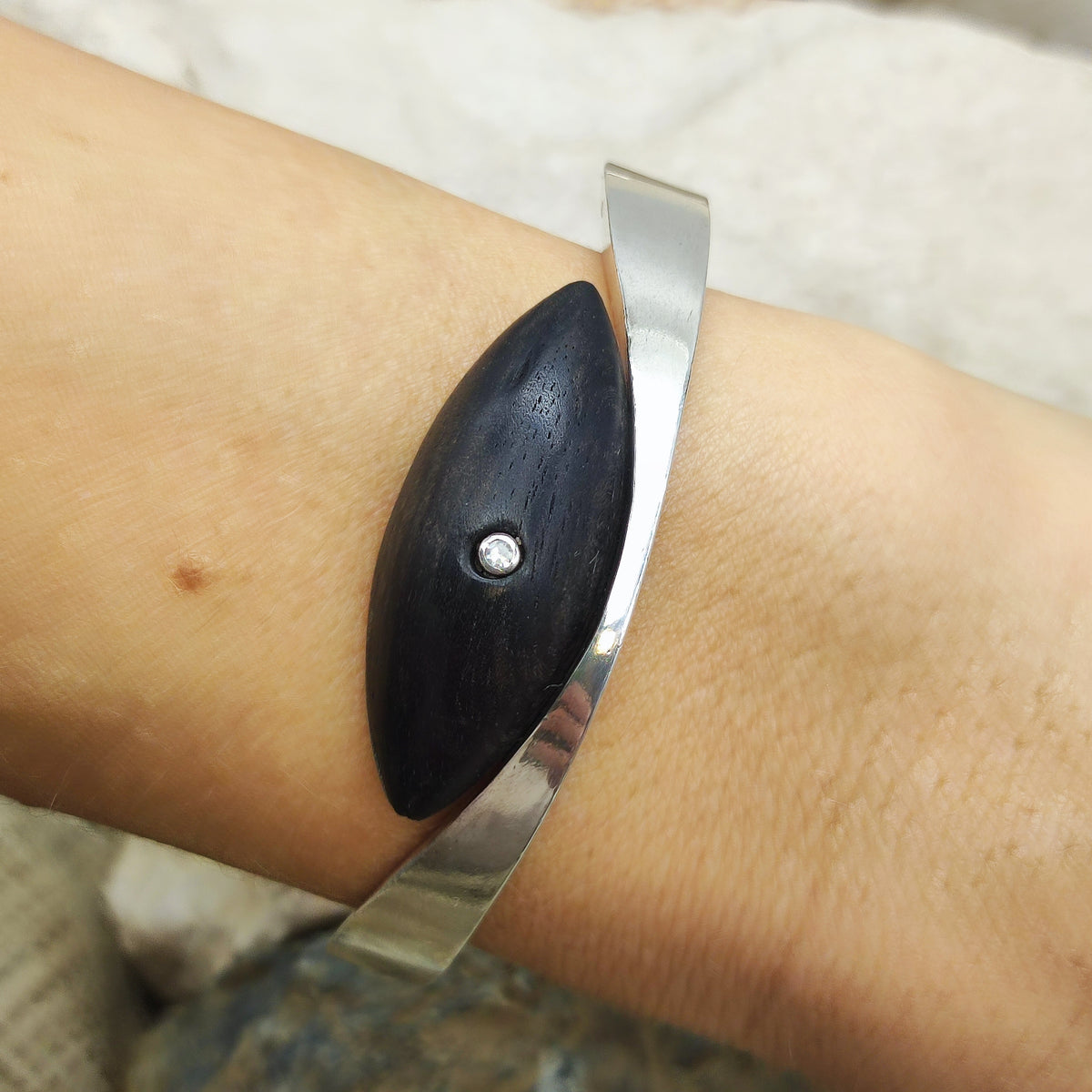 Vintage Modernist Sterling Silver Hinged Bangle with Dark Wood and Diamond