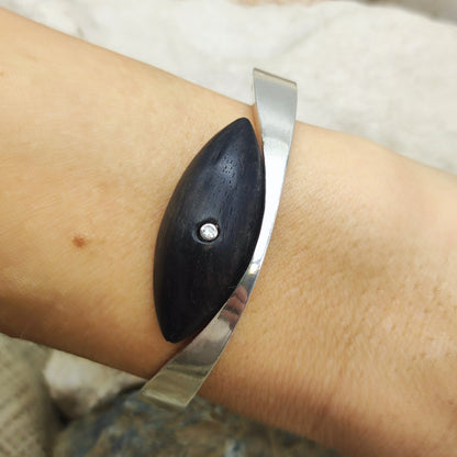 Vintage Modernist Sterling Silver Hinged Bangle with Dark Wood and Diamond