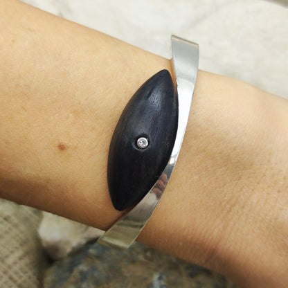 Vintage Modernist Sterling Silver Hinged Bangle with Dark Wood and Diamond