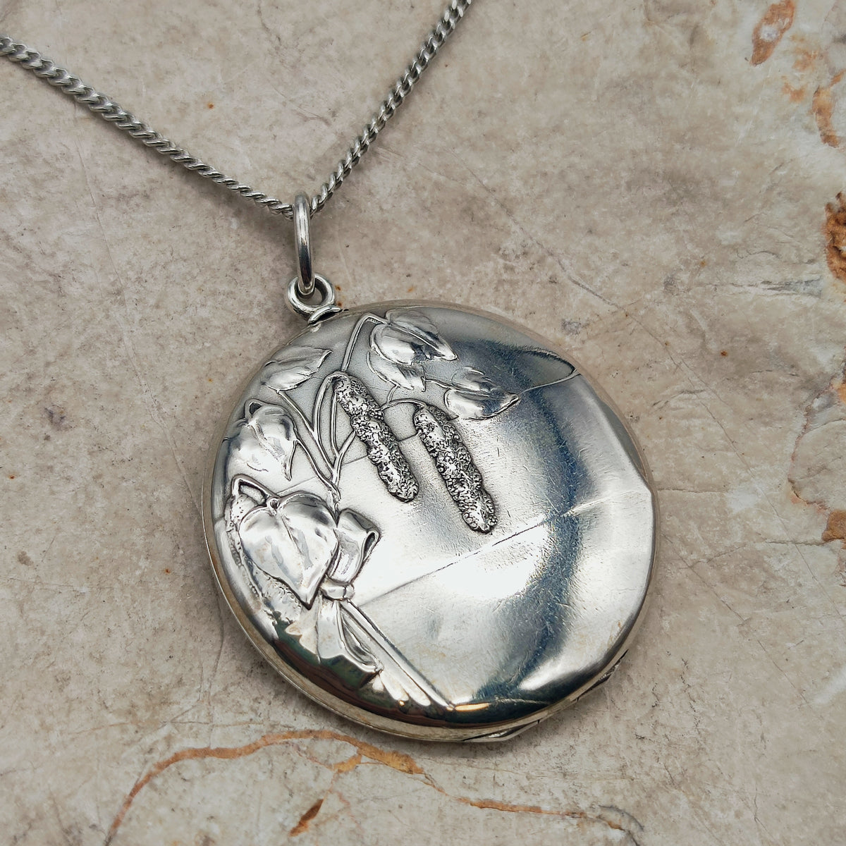 Antique Art Nouveau 800 Silver Locket with Hazel Catkins