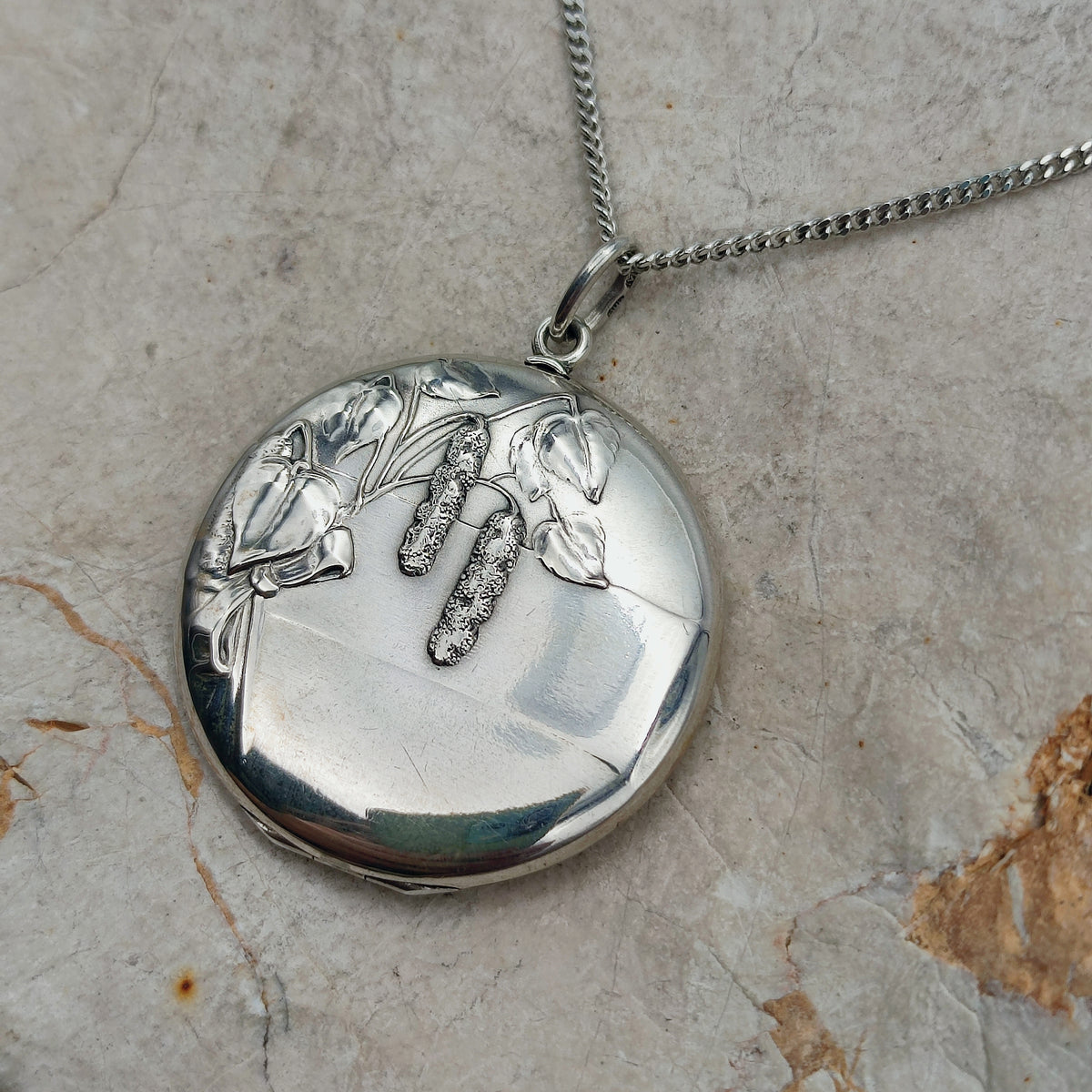 Antique Art Nouveau 800 Silver Locket with Hazel Catkins