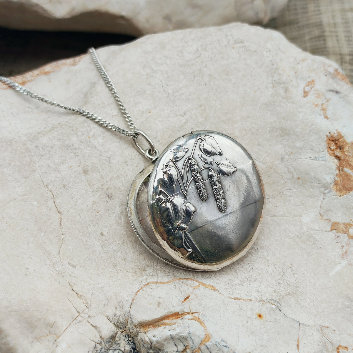 Antique Art Nouveau 800 Silver Locket with Hazel Catkins
