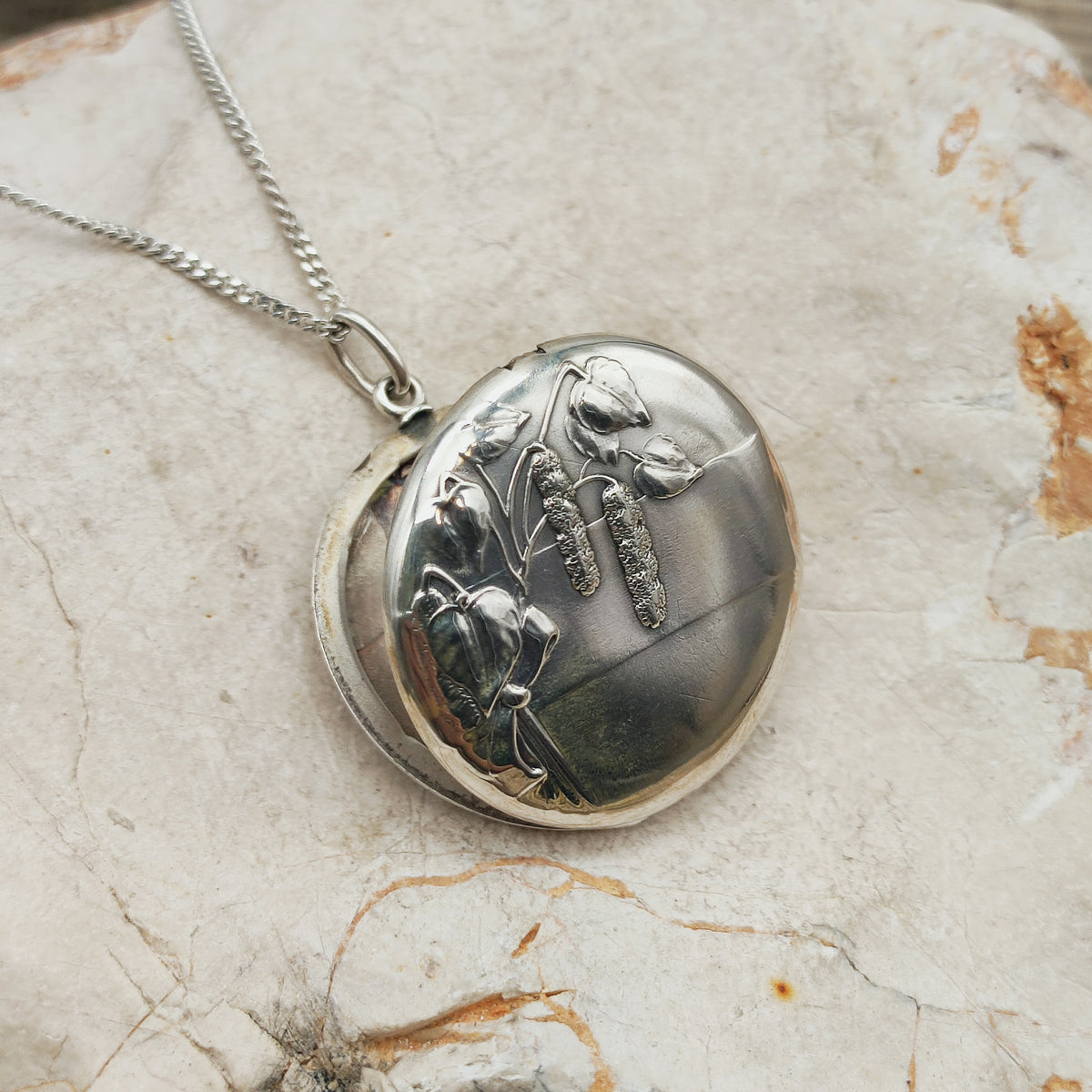 Antique Art Nouveau 800 Silver Locket with Hazel Catkins