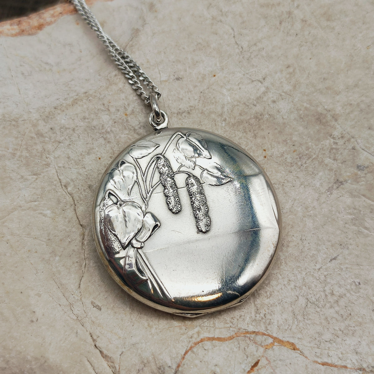 Antique Art Nouveau 800 Silver Locket with Hazel Catkins