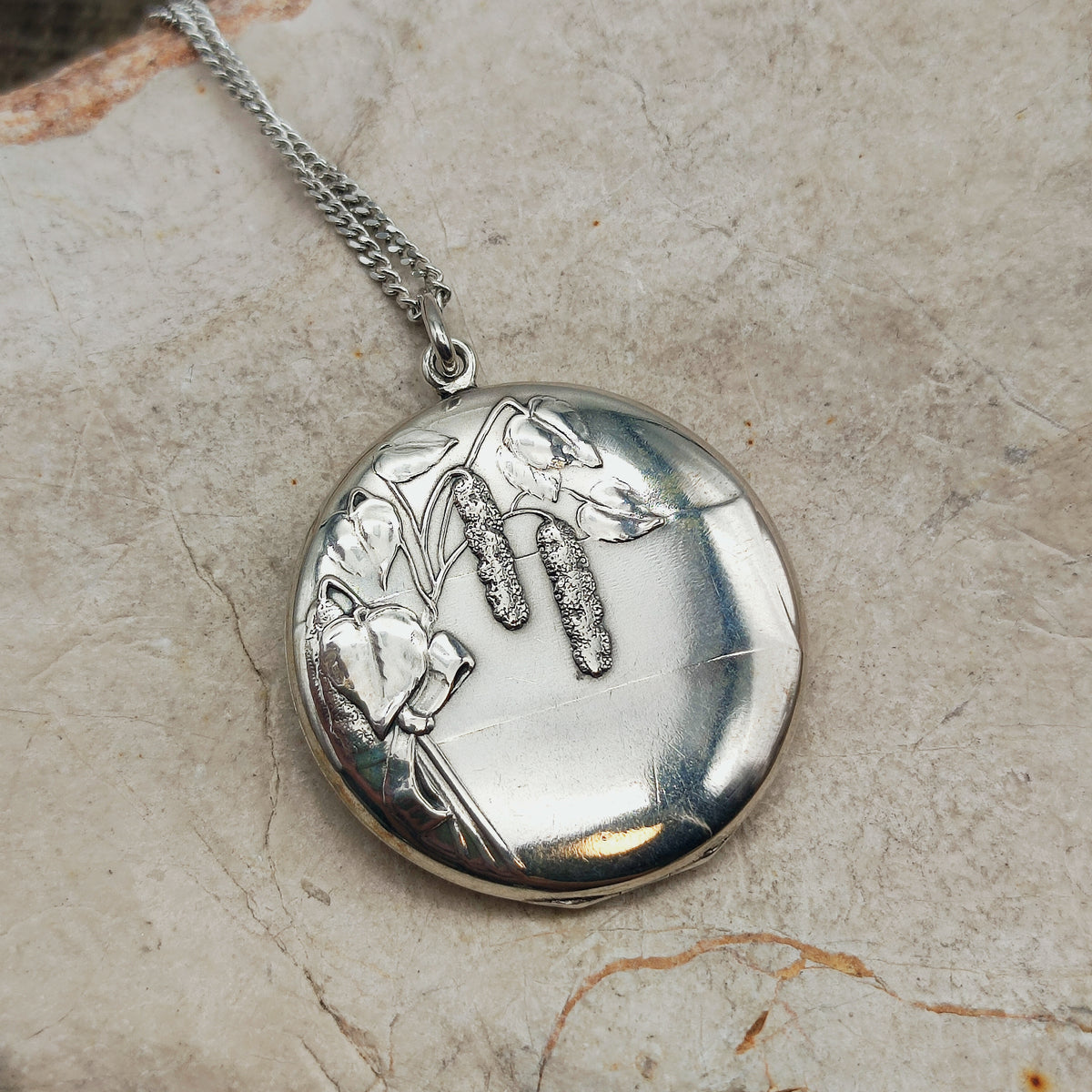 Antique Art Nouveau 800 Silver Locket with Hazel Catkins