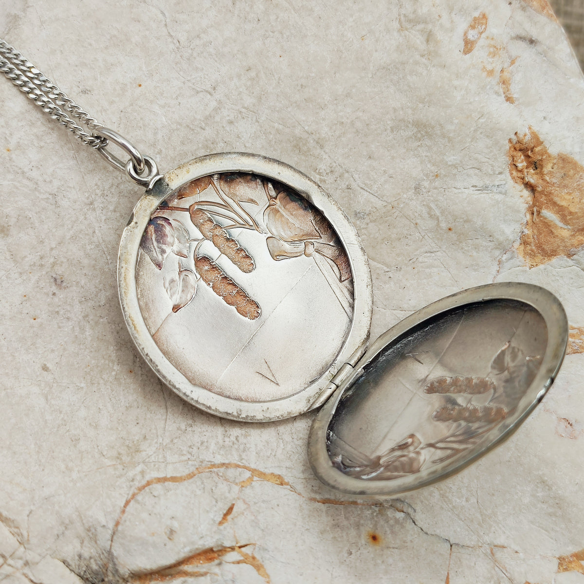 Antique Art Nouveau 800 Silver Locket with Hazel Catkins