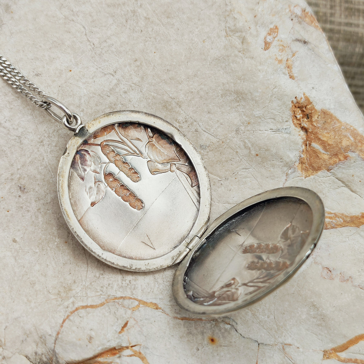 Antique Art Nouveau 800 Silver Locket with Hazel Catkins