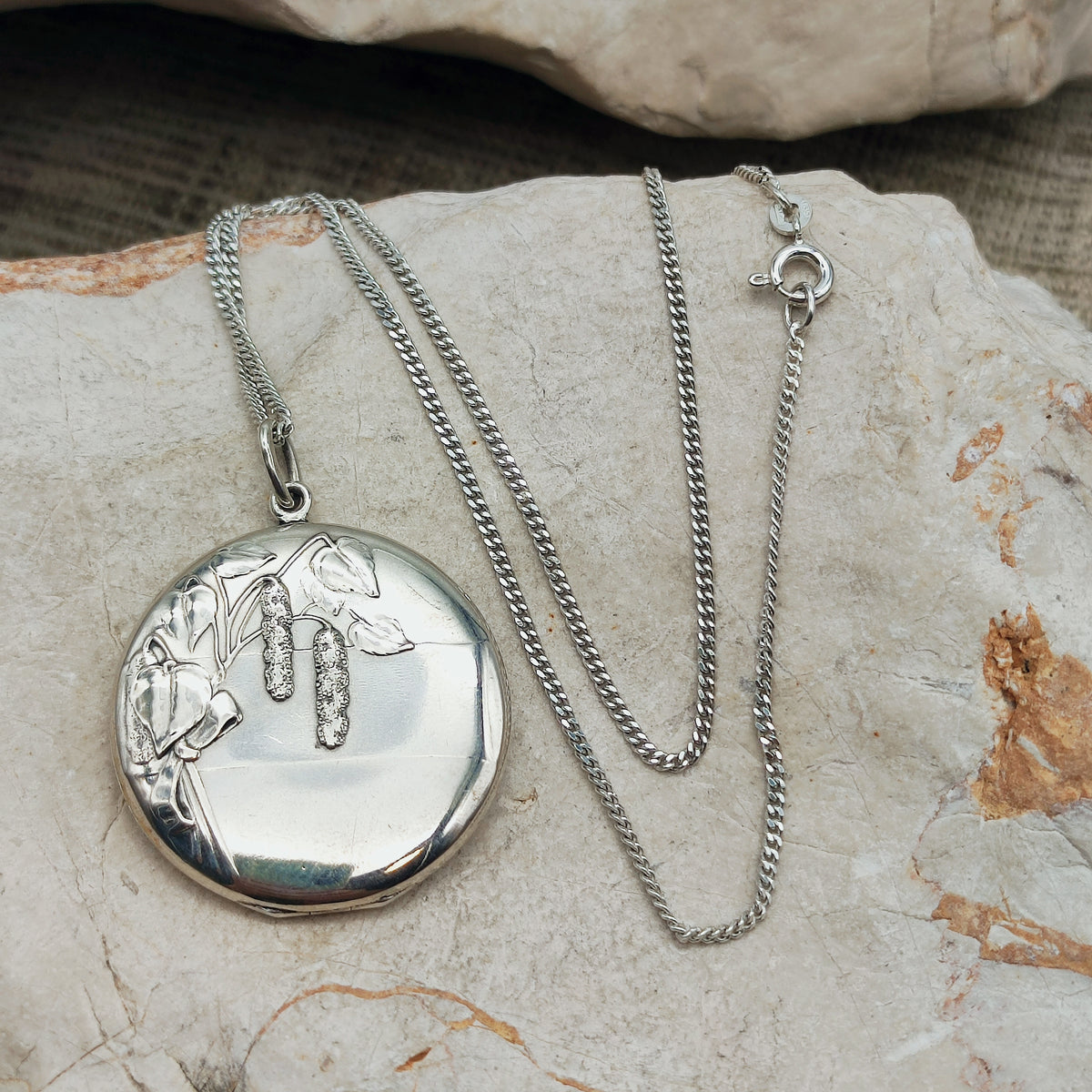 Antique Art Nouveau 800 Silver Locket with Hazel Catkins