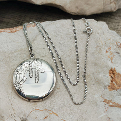 Antique Art Nouveau 800 Silver Locket with Hazel Catkins