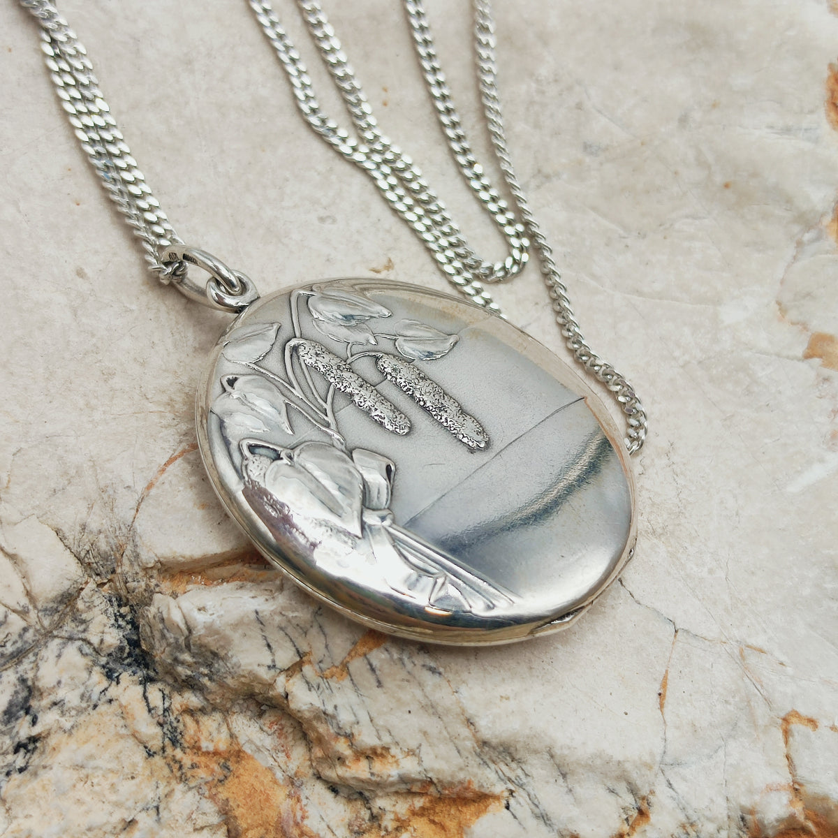 Antique Art Nouveau 800 Silver Locket with Hazel Catkins