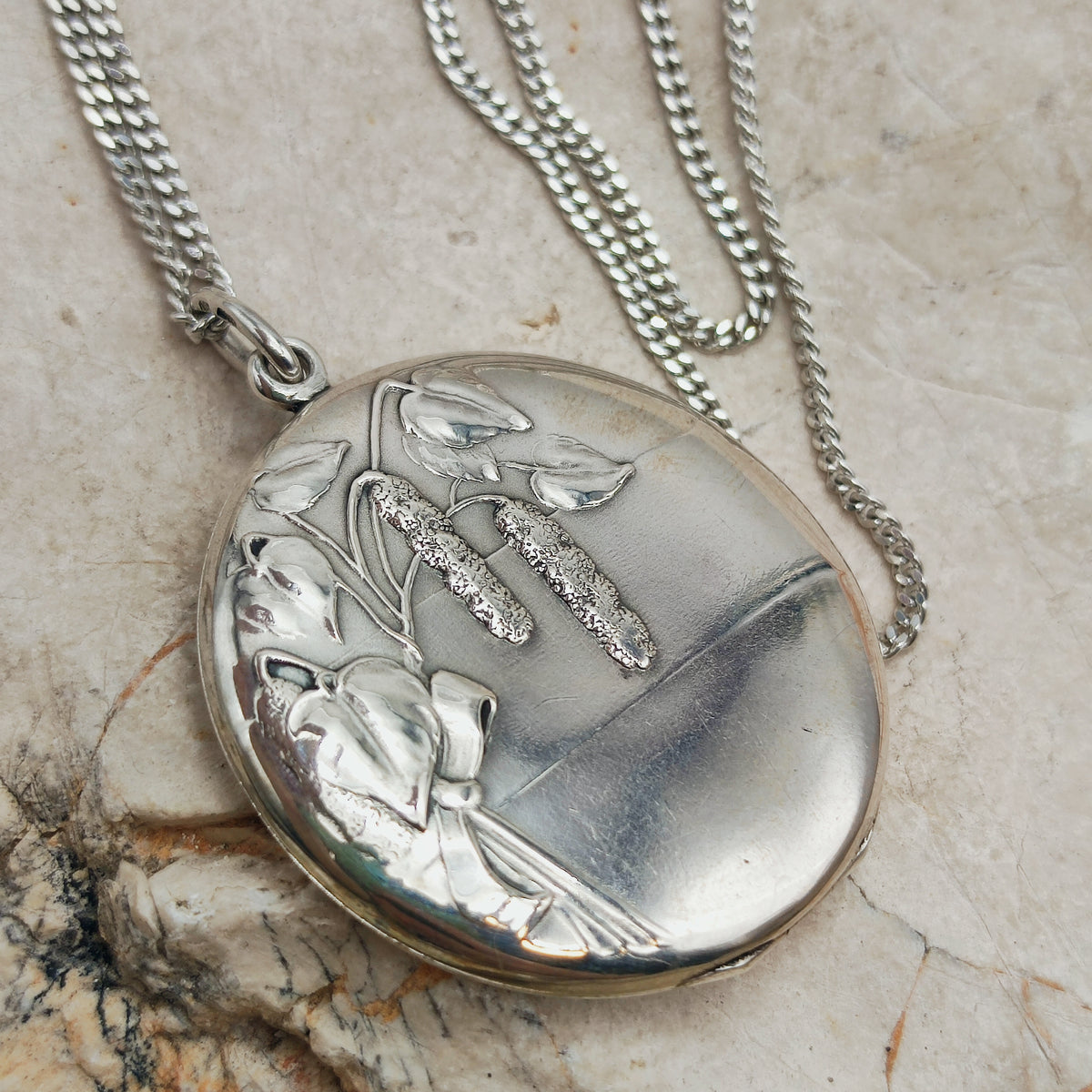 Antique Art Nouveau 800 Silver Locket with Hazel Catkins