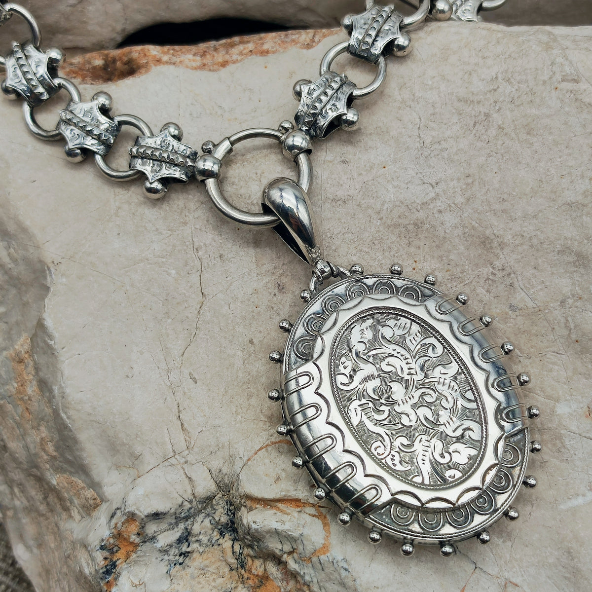 Antique Victorian Silver Book Chain and Presentation Locket, Dated 1882