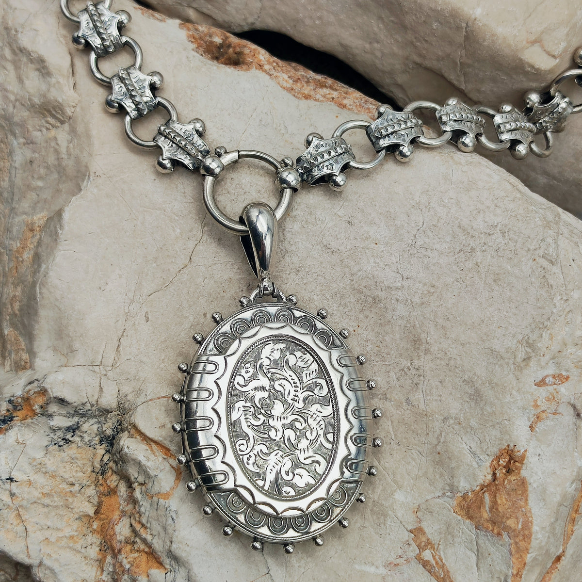 Antique Victorian Silver Book Chain and Presentation Locket, Dated 1882