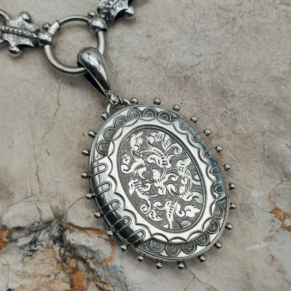 Antique Victorian Silver Book Chain and Presentation Locket, Dated 1882